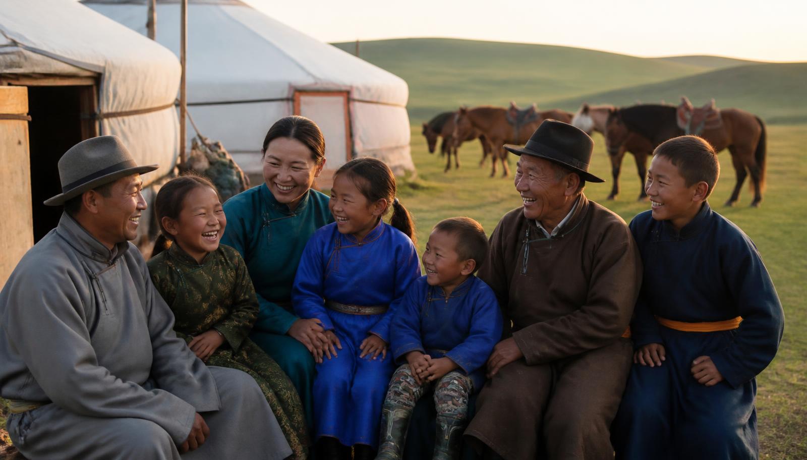 A Mongolian family of several generations laughing together outside their gers