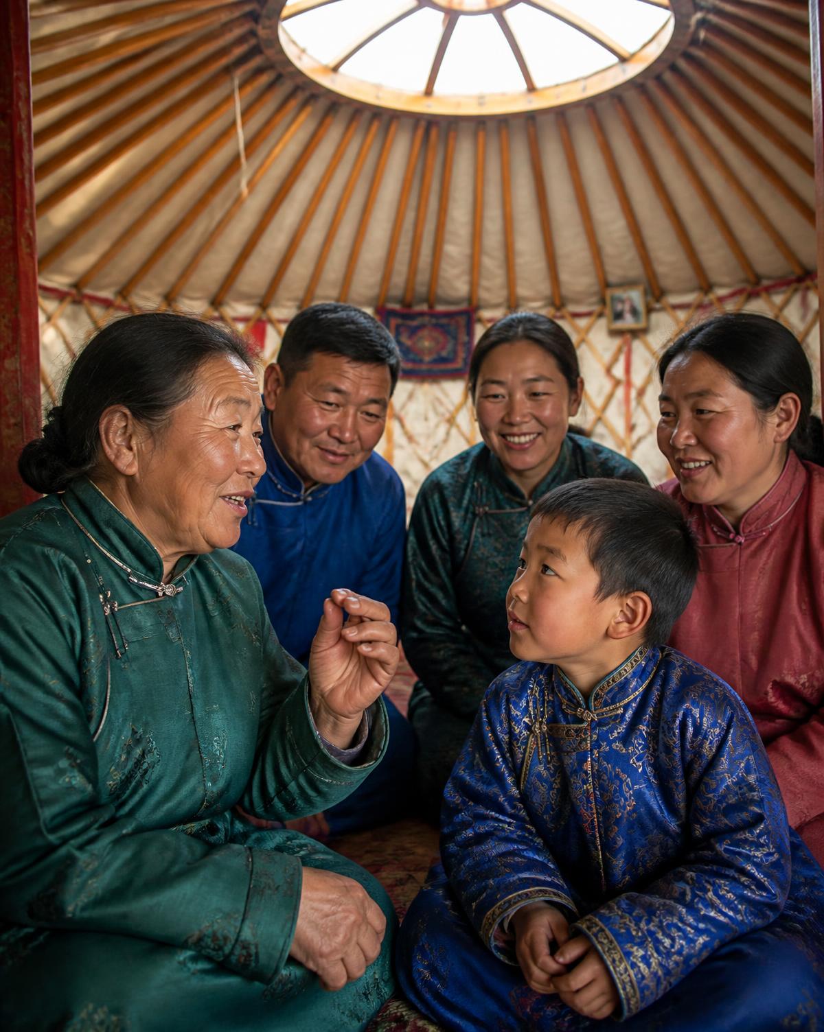 Three generations of a Mongolian family talking together inside a ger